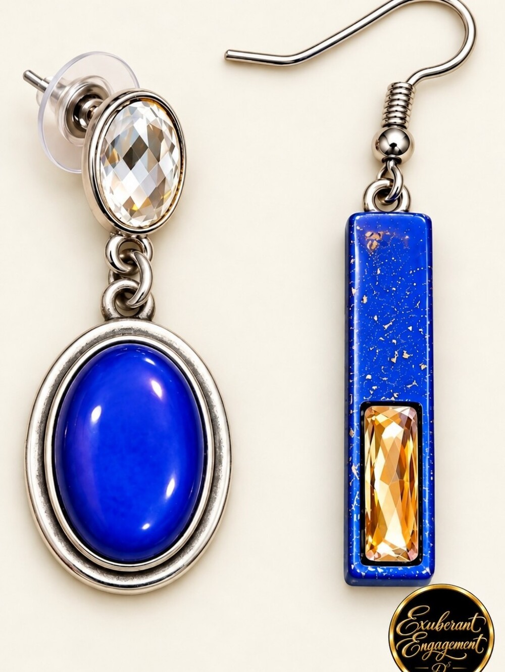 Blue Oval Drop Earrings with Silver-Tone Accents